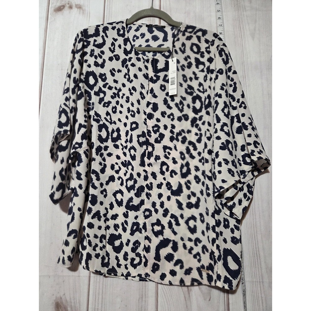 T Tahari Beige Cheetah Print Chiffon Blouse Navy Cream Kimono Sleeve M